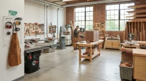 Workshop safety setup featuring push blocks for jointer and table saw combo