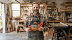 A DIY woodworker holding low cost aftermarket anti kickback pawls under $60 in a garage shop.