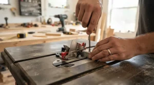 Installing aftermarket anti kickback pawls under $60 on a table saw inside a home workshop.