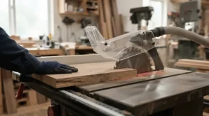 Making a angled bevel cut using a saw equipped with an aftermarket blade guard for cabinet saw upgrade.