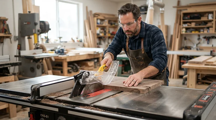 Clear sightlines through an aftermarket blade guard for cabinet saw upgrade during precision rip cutting.