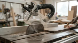 Close-up view of an aftermarket blade guard for cabinet saw upgrade showing integrated dust collection ports.