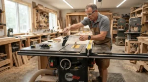 Woodworker installing an aftermarket blade guard for cabinet saw upgrade in a well-lit home workshop.