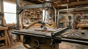 Overhead mounting arm system for an aftermarket blade guard for cabinet saw upgrade on a cast iron table.