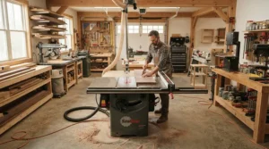 Overview of a professional woodshop featuring a table saw with an aftermarket blade guard for cabinet saw upgrade.