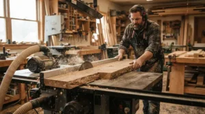 Using an anti kickback device for ripping hardwood while cutting a thick maple board.