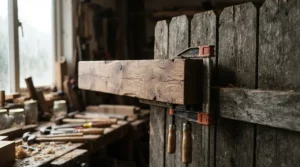 An anti kickback device for ripping hardwood holding down a heavy red oak workpiece.