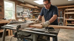 A carpenter guiding a dark walnut board past an anti kickback device for ripping hardwood.