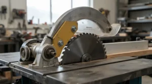 The splitter and anti kickback device for ripping hardwood mounted behind the saw blade.