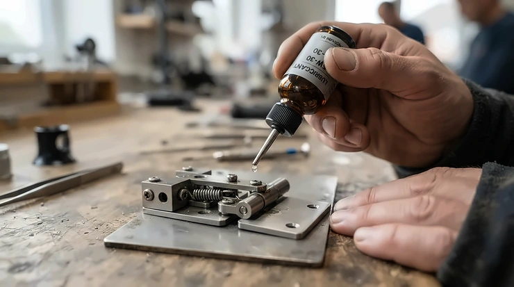 Cleaning and lubricating anti kickback pawls for table saw to ensure smooth pivot action.