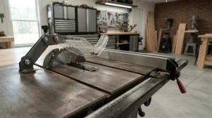 Heavy-duty anti kickback pawls for table saw mounted on a professional cabinet unit.