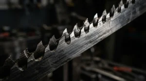 Detailed view of anti kickback pawls for table saw showing sharp steel teeth.