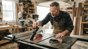 Woodworker checking anti kickback pawls for table saw before starting a project.