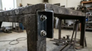 A detailed view showing the retrofit mounting of an anti kickback roller kit for contractor saws.
