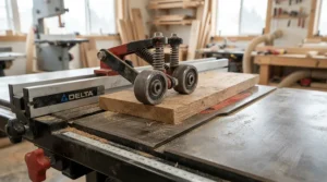 The dual roller mechanism of an anti-kickback roller kit for contractor saws holding material flat.