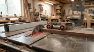 An anti kickback roller kit for contractor saws installed on an open stand saw in a woodworking shop.