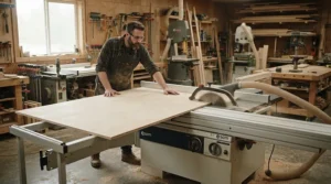 Making a precise crosscut with the help of an anti kickback roller kit for contractor saws.