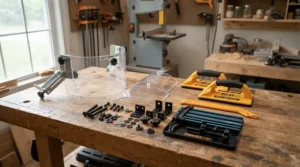 Essential multi-machine safety accessories including a blade guard for bandsaw and table saw combo shop floors.