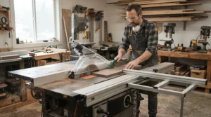 Professional bandsaw and table saw safety gear featuring a primary blade guard for bandsaw and table saw combo shop setups.