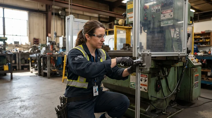 Routine maintenance check on a reliable blade guard for bandsaw and table saw combo shop environment.
