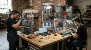 Compact garage workshop utilizing a space-saving blade guard for bandsaw and table saw combo shop stations.