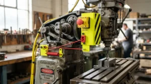 Close-up diagram analyzing the pawl system vs roller system for kickback safety on a woodworking machine.