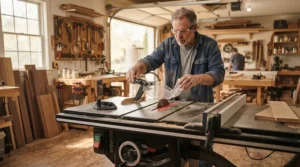 A woodworker evaluating a pawl system vs roller system for kickback safety in a garage shop.