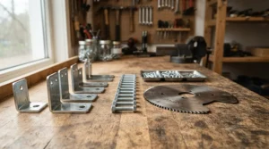 Components laid out for a riving knife kit for older table saws without one