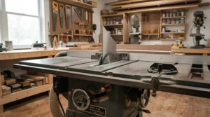 Completed safety retrofit using a riving knife kit for older table saws without one in a garage