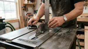 Checking blade alignment with a riving knife system for contractor table saw arbor design