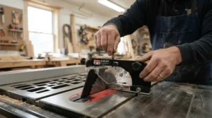 Close-up of installing a riving knife system for contractor table saw in a home workshop