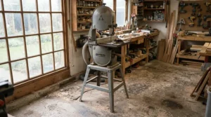 A riving knife system for contractor table saw mounted on an open metal stand saw