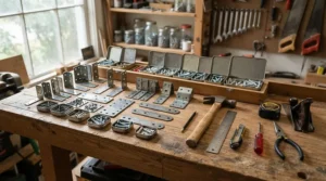 Unboxing a riving knife system for contractor table saw retrofit kit on a workbench