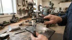 Measuring gauge testing the metal thickness of a riving knife system for contractor table saw