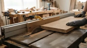Close-up of a kickback prevention splitter accessory guiding a straight rip cut