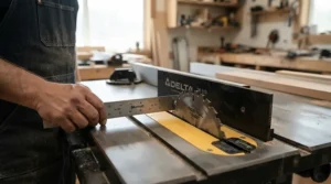 Checking blade alignment with a splitter for table saw kickback prevention installed