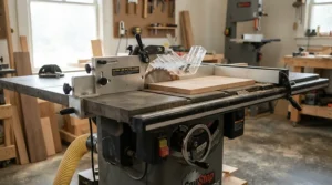 Heavy-duty splitter for table saw kickback prevention fitted on a cabinet saw