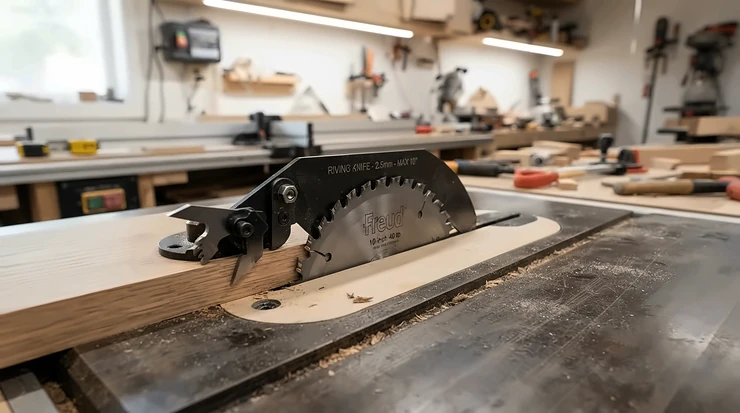 A standalone splitter for table saw kickback prevention installed on a workshop tool