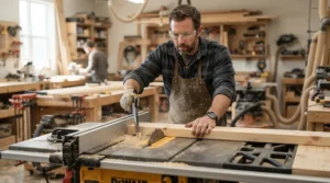 Woodworker relying on a splitter for table saw kickback prevention during cutting