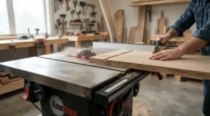 Cutting a custom dado joint supported by an adjustable splitter system for dado cuts.