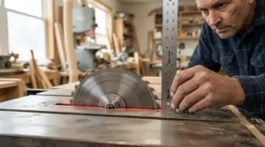 Checking blade height adjustment relative to the alignment of a splitter system for dado cuts.