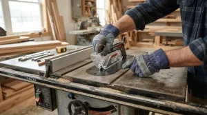 Demonstrating a removable splitter for dado cuts as part of a comprehensive safety splitter system for dado cuts.