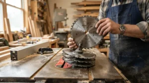 A woodworker carefully configuring a dado stack setup utilizing a splitter system for dado cuts in a garage workshop.