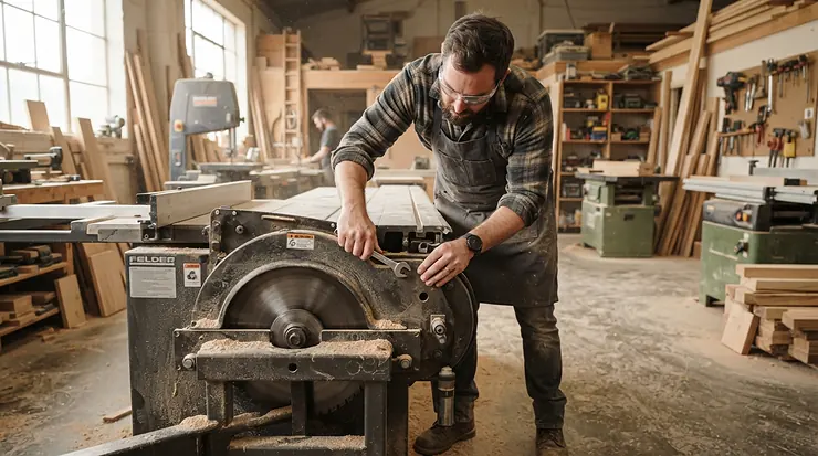 A woodworker installing a heavy-duty splitter system for dado cuts on a contractor table saw.