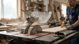 Transparent shield on top rated blade guards for jobsite table saws providing clear line of sight during cuts.