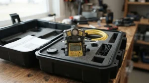 Compact storage design of top rated blade guards for jobsite table saws packed neatly inside a storage case.