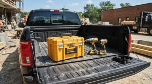 Durable construction of top rated blade guards for jobsite table saws shown being loaded into a truck bed.