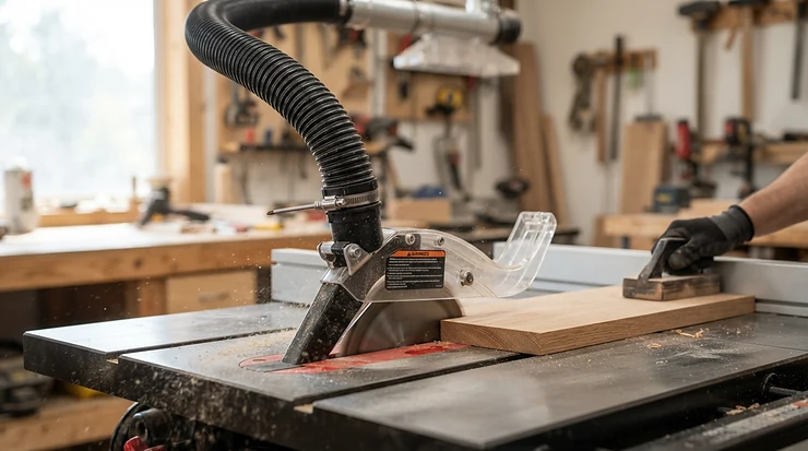 Integrated dust port on top rated blade guards for jobsite table saws connected to a vacuum hose.