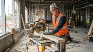 Worker in protective gear utilizing top rated blade guards for jobsite table saws on a commercial building floor.